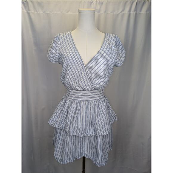 American Eagle Linen Blend Mini Dress Sz Small Smocked Tiered Ruffle White Blue - Picture 1 of 14